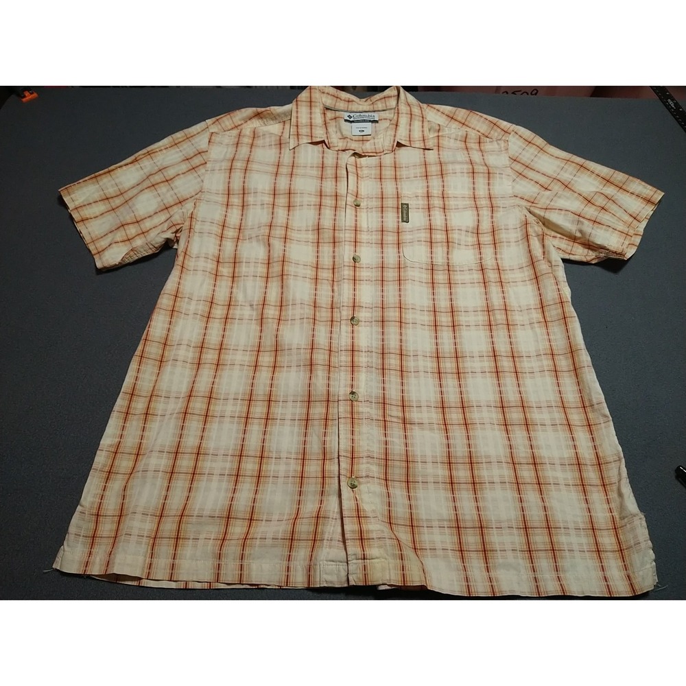 Columbia Shirt Men XL Peach Plaid Sporty Classic Cotton Button Up Short Sleeve